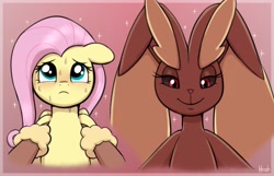 Size: 2372x1532 | Tagged: safe, artist:heretichesh, fluttershy, lopunny, pegasus, pony, g4, bedroom eyes, blushing, duo, female, floppy ears, frown, holding a pony, looking at each other, looking at someone, mare, nervous sweat, pokémon, role reversal, signature, smiling, sweat, sweatdrops