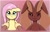 Size: 2372x1532 | Tagged: safe, artist:heretichesh, fluttershy, lopunny, pegasus, pony, g4, bedroom eyes, blushing, duo, female, floppy ears, frown, holding a pony, looking at each other, looking at someone, mare, nervous sweat, pokémon, role reversal, signature, smiling, sweat, sweatdrops