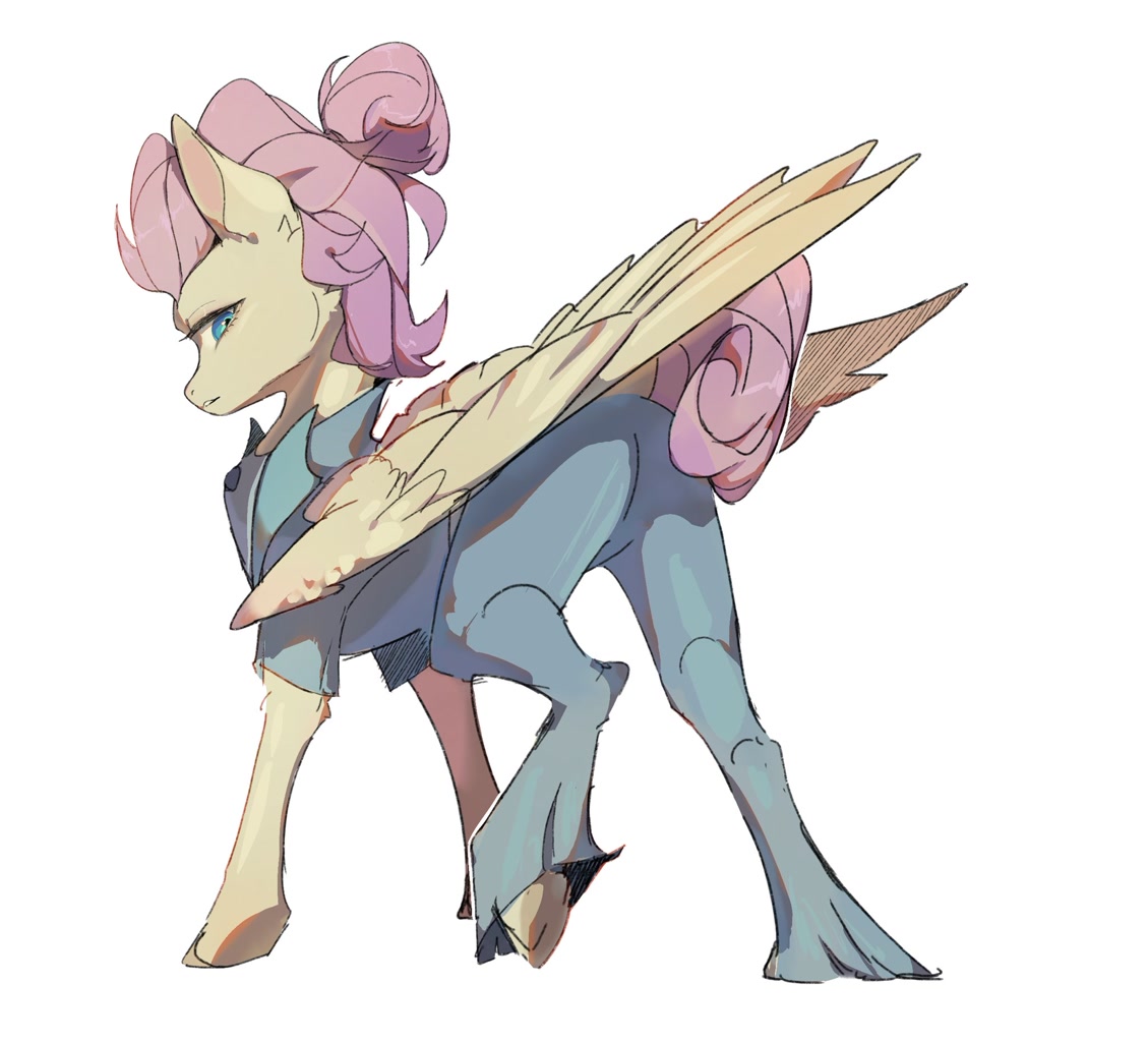 [alternate hairstyle,butt,female,fluttershy,looking back,mare,pegasus,plot,pony,safe,simple background,solo,white background,wings,large wings,severeshy,artist:cream_dragon,artist:睡不着]