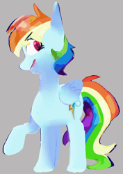 Size: 2893x4092 | Tagged: artist needed, source needed, safe, rainbow dash, pegasus, pony, g4, colored pupils, female, folded wings, gray background, looking at you, mare, open mouth, open smile, raised hoof, simple background, smiling, smiling at you, solo, wings