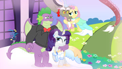 Size: 1024x582 | Tagged: safe, artist:velveagicsentryyt, discord, fluttershy, rarity, spike, draconequus, dragon, pegasus, pony, unicorn, g4, clothes, dress, female, gigachad spike, jewelry, male, mare, marriage, older, older spike, ring, ship:discoshy, ship:sparity, shipping, straight, wedding, wedding dress, wedding ring