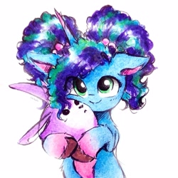 Size: 2285x2285 | Tagged: safe, artist:liaaqila, misty brightdawn, bunnycorn, pony, rabbit, unicorn, family trees, g5, my little pony: make your mark, my little pony: make your mark chapter 5, spoiler:g5, spoiler:my little pony: make your mark chapter 5, spoiler:mymc05e03, afro puffs, animal, cute, female, filly, filly misty brightdawn, fluffy, foal, high res, holding, horn, looking at you, mistybetes, plushie, simple background, smiling, smiling at you, solo, toy, traditional art, unshorn fetlocks, weapons-grade cute, white background, younger
