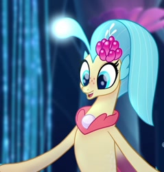 Size: 720x752 | Tagged: safe, screencap, princess skystar, seapony (g4), g4, my little pony: the movie, aquastria, bioluminescent, bubble, crepuscular rays, cropped, cute, female, fin wings, fins, floppy ears, flower, flower in hair, freckles, jewelry, necklace, ocean, open mouth, open smile, pearl, pearl necklace, scales, seaquestria, smiling, solo, swimming, underwater, water, wings