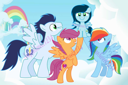 Size: 4844x3245 | Tagged: safe, artist:sugarsweet1234, rainbow dash, scootaloo, soarin', oc, oc:lightning rainbow, pegasus, pony, g4, female, filly, foal, male, mare, obtrusive watermark, offspring, older, older scootaloo, parent:rainbow dash, parent:soarin', parents:soarindash, ship:soarindash, shipping, stallion, straight, watermark