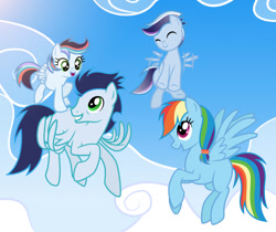 Size: 1024x862 | Tagged: safe, artist:liya04, rainbow dash, soarin', oc, pegasus, pony, g4, cloud, colt, daddy soarin', female, filly, flying, foal, hair, male, mare, momma dash, offspring, parent:rainbow dash, parent:soarin', parents:soarindash, ship:soarindash, shipping, sky, stallion, straight