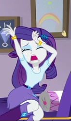 Size: 720x1227 | Tagged: safe, screencap, rarity, human, equestria girls, equestria girls specials, g4, my little pony equestria girls: dance magic, bed, belt, boots, bracelet, clothes, cropped, crying, drama queen, female, jewelry, marshmelodrama, pillow, rarity being rarity, shirt, shoes, skirt, solo, teenager, top