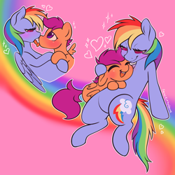 Size: 3000x3000 | Tagged: safe, artist:feralkittyclawz, rainbow dash, scootaloo, pegasus, pony, g4, age difference, bedroom eyes, blushing, cute, cutealoo, duo, duo female, eyes closed, female, filly, foal, folded wings, heart, high res, kissing, lesbian, looking at each other, looking at someone, mare, open mouth, open smile, pink background, rainbow, rainbow dash is a foal fiddler, ship:scootadash, shipping, signature, simple background, smiling, sparkles, spread wings, tail, tongue out, tongue to tongue, wings