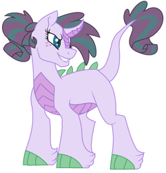 Size: 1224x1268 | Tagged: safe, artist:asexual-armadillo, oc, oc only, oc:moonstone, dracony, hybrid, fangs, freckles, grin, interspecies offspring, offspring, parent:rarity, parent:spike, parents:sparity, simple background, smiling, solo, white background