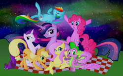 Size: 1135x704 | Tagged: safe, artist:necroticdelay, applejack, fluttershy, pinkie pie, rainbow dash, rarity, spike, twilight sparkle, alicorn, dragon, earth pony, pegasus, pony, unicorn, g4, the last problem, female, flying, looking at you, lying down, male, mane seven, mane six, mare, night, older, older twilight, older twilight sparkle (alicorn), picnic blanket, princess twilight 2.0, prone, smiling, smiling at you, thumbs up, twilight sparkle (alicorn), winged spike, wings