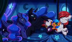 Size: 2801x1624 | Tagged: safe, artist:pridark, nightmare moon, princess luna, oc, oc:ruby heart, oc:tinder, alicorn, earth pony, pegasus, pony, g4, baby, baby pony, blanket, chest fluff, closed mouth, colored hooves, colored wings, cute, cute little fangs, ear fluff, ears back, ethereal hair, ethereal mane, ethereal tail, eyes closed, eyeshadow, fangs, female, folded wings, gradient mane, green eyes, grin, heterochromia, horn, lidded eyes, lying down, makeup, mare, missing accessory, missing horn, open mouth, pegasus oc, prone, self paradox, self ponidox, slit pupils, smiling, spread wings, starry mane, starry tail, swaddled baby, tail, teal eyes, unshorn fetlocks, wall of tags, wings, yellow eyes