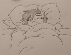 Size: 1006x779 | Tagged: safe, artist:jargon scott, oc, oc only, oc:anon-mare, earth pony, pony, blanket, eyes closed, female, grayscale, lying down, mare, monochrome, on back, pencil drawing, simpsons did it, smiling, solo, traditional art