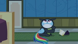 Size: 1920x1080 | Tagged: safe, screencap, rainbow dash, pegasus, pony, g4, read it and weep, season 2, bed, catsuit, clothes, corridor, faic, female, gritted teeth, hospital, hospital bed, interior, looking up, mare, night, ponyville hospital, rainbow dash is best facemaker, sneaking, sneaking suit, sneaky, solo, teeth