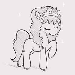 Size: 1835x1839 | Tagged: safe, artist:algoatall, earth pony, pony, crown, eyes closed, female, filly, foal, ico the brave little horse, jewelry, monochrome, preciosa, regalia, smiling, solo, sparkles, walking