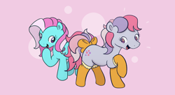 Size: 4144x2262 | Tagged: safe, artist:algoatall, minty, sweet stuff, earth pony, pony, twinkle eyed pony, g1, g3, bow, clothes, duo, female, generation leap, mare, open mouth, raised hoof, simple background, smiling, socks, tail, tail bow