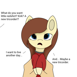 Size: 1079x1079 | Tagged: safe, artist:sodapop sprays, oc, oc:naomi horsely, oc:naomi horsley, oc:redshirt, earth pony, human, pony, asking, hand, holding a pony, looking at you, old art, red shirt, redshirt, simple background, star trek, star trek (tos), white background