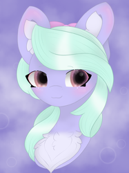 Size: 1734x2313 | Tagged: safe, artist:sodapop sprays, flitter, pegasus, pony, g4, abstract background, blushing, bow, bust, chest fluff, colored ear fluff, colored eyebrows, commission, ear blush, ear fluff, eyebrows, eyebrows visible through hair, female, hair bow, looking at you, looking away, mare, pale belly, simple background, smiling, solo, ych result