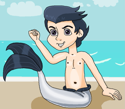 Size: 739x645 | Tagged: safe, artist:ocean lover, rumble, human, merboy, merman, g4, beach, belly, belly button, child, cloud, confident, fins, flexing, grin, human coloration, humanized, looking at you, male, male nipples, ms paint, nipples, ocean, outdoors, purple eyes, sand, sitting, sky, sky background, smiling, smirk, tail, tail fin, two toned hair, water, wave