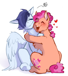 Size: 2690x3000 | Tagged: safe, artist:imgonadoponyoc, oc, oc only, oc:poptarts pie, oc:pulse storm, earth pony, pegasus, pony, blushing, eyes closed, female, floating heart, hair over one eye, heart, high res, hug, male, mare, offspring, parent:cheese sandwich, parent:pinkie pie, parent:rainbow dash, parent:soarin', parents:cheesepie, parents:soarindash, simple background, sitting, stallion, white background