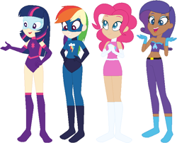 Size: 684x552 | Tagged: safe, artist:sturk-fontaine, pinkie pie, rainbow dash, rarity, twilight sparkle, human, equestria girls, g4, base used, breasts, cleavage, dark skin, human coloration, mask, midriff, simple background, superhero, superhero costume, visor, white background