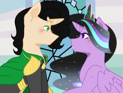 Size: 1600x1200 | Tagged: safe, artist:lunerymish, oc, oc:twivine sparkle, alicorn, pony, unicorn, base used, blushing, crack shipping, duo, duo male and female, ethereal mane, female, loki, male, mare, shipping, stallion, straight