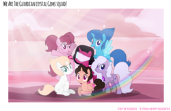 Size: 2675x1734 | Tagged: safe, artist:hatsuukki, artist:muhammad yunus, alicorn, earth pony, gem (race), gem pony, hybrid, pegasus, pony, unicorn, spoiler:steven universe, spoiler:steven universe: the movie, amethyst, amethyst (steven universe), artificial wings, augmented, base used, cartoon network, crystal gems, female, fusion, garnet (steven universe), gem, gem fusion, glasses, group, happy, headwear, hydrokinesis, ibis paint, lapis lazuli, lapis lazuli (steven universe), looking at you, magic, magic wings, male, open mouth, open smile, pearl, pearl (steven universe), ponified, quartz, rose quartz (gemstone), sextet, shield, simple background, smiling, smiling at you, spear, species swap, spinel, spinel (steven universe), spoilers for another series, steven quartz universe, steven universe, steven universe: the movie, sunlight, sunset, sword, text, visor, water, watermark, weapon, whip, wings