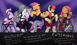 Size: 2800x1627 | Tagged: safe, artist:passionpanther, apple bloom, babs seed, diamond tiara, scootaloo, sweetie belle, earth pony, pegasus, pony, unicorn, cutiemarks (and the things that bind us), vylet pony, g4, angry, clothes, cutie mark crusaders, drums, electric guitar, eyes closed, guitar, microphone, musical instrument, piercing, punk, punk rock, rock (music), rock band, song reference, stage