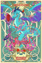 Size: 850x1276 | Tagged: safe, artist:enyoiyourself, princess ember, dragon, g4, bloodstone scepter, claws, dragon lord ember, dragoness, female, flower, modern art, nouveau, skull, solo, spread wings, wings