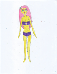 Size: 1700x2200 | Tagged: safe, artist:justinandrew1984, fluttershy, human, equestria girls, g4, belly button, bikini, breasts, cleavage, clothes, eyeshadow, female, hairclip, makeup, purple bikini, purple swimsuit, solo, swimsuit, traditional art