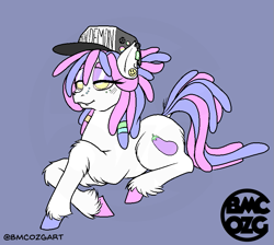 Size: 855x767 | Tagged: safe, artist:ozzyg, oc, oc only, earth pony, pony, baseball cap, cap, colored hooves, ear piercing, earring, eggplant, eyeshadow, female, food, hat, jewelry, lidded eyes, lying down, makeup, mare, piercing, prone, solo