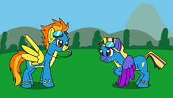 Size: 1920x1080 | Tagged: safe, artist:platinumdrop, spitfire, oc, pegasus, pony, g4, art trade, blowing whistle, clothes, female, heterochromia, mare, spitfire's whistle, that pony sure does love whistles, training, uniform, whistle, whistle necklace, wonderbolts, wonderbolts uniform