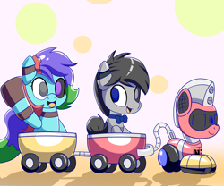 Size: 6000x5000 | Tagged: safe, artist:trackheadtherobopony, oc, oc:platinum star, oc:silver heart, oc:trackhead, original species, pony, robot, robot pony, wheelpone, cart, chibi, prehensile tail, tail, waving