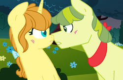 Size: 1161x761 | Tagged: safe, artist:colorcoookie0w0, apple bud, pumpkin cake, earth pony, pony, unicorn, g4, base used, blushing, budbetes, cute, duo, duo male and female, female, male, mare, older, older apple bud, older pumpkin cake, pumpkinbetes, ship:pumpkinbud, shipping, stallion, straight