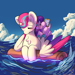 Size: 3000x3000 | Tagged: safe, artist:nanazdina, pipp petals, zipp storm, pegasus, pony, g5, cellphone, cloud, cloudy, duo, female, high res, log, mare, ocean, phone, royal sisters (g5), siblings, sisters, smartphone, water