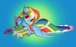 Size: 2048x1275 | Tagged: safe, artist:opalacorn, rainbow dash, pegasus, pony, g4, clothes, dress, eyebrows, eyebrows visible through hair, female, gala dress, gradient background, looking at you, lying down, mare, open mouth, prone, signature, solo, sploot, spread wings, wings, wings down