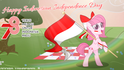 Size: 2632x1481 | Tagged: safe, artist:erockertorres, artist:muhammad yunus, oc, oc only, oc:annisa trihapsari, earth pony, pony, series:the guardian of leadership, g4, bow, cake, female, flag, flower, food, hair bow, happy, ibispaint x, indonesia, mare, open mouth, open smile, plant, smiling, solo, sunset, text, tree, watermark