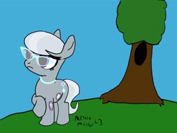 Size: 2160x1620 | Tagged: safe, artist:amelia, derpibooru exclusive, silver spoon, earth pony, pony, g4, cute, female, filly, foal, glasses, insulin patch, literal diabetes, silverbetes, solo, tree