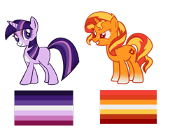 Size: 1195x947 | Tagged: safe, artist:vernorexia, sunset shimmer, twilight sparkle, pony, unicorn, g4, cardboard twilight, coloring page, female, lesbian, lesbian pride flag, mare, moon lesbian, pride, pride flag, recolor, simple background, sun lesbian, transparent background, unicorn twilight