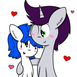 Size: 591x591 | Tagged: safe, artist:thunderrainbowshadow, written script, oc, oc:misty hope, pony, unicorn, g4, blushing, canon x oc, duo, duo male and female, female, male, mare, simple background, stallion, straight, traditional art, white background