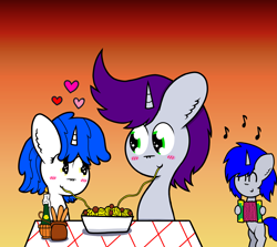 Size: 2517x2246 | Tagged: safe, artist:thunderrainbowshadow, written script, oc, oc:misty hope, oc:silver bell, pony, unicorn, g4, blushing, canon x oc, eyes closed, female, food, gradient background, high res, lady and the tramp, male, mare, pasta, shipping, spaghetti, stallion, straight, traditional art, trio