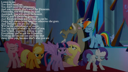 Size: 1192x670 | Tagged: safe, edit, edited screencap, editor:quoterific, screencap, applejack, discord, fluttershy, pinkie pie, rainbow dash, rarity, twilight sparkle, alicorn, draconequus, earth pony, pegasus, pony, unicorn, g4, my little pony: friendship is magic, the beginning of the end, mane six, quote, speech, talking, text, twilight sparkle (alicorn), weak