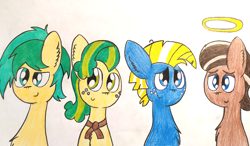 Size: 3354x1962 | Tagged: safe, artist:thunderrainbowshadow, direct tunes, pistachio, sandbar, star tracker, earth pony, pony, g4, colts international, cute, directbetes, freckles, gift art, group, halo, male, older, older pistachio, older sandbar, older star tracker, pistachiaww, sandabetes, stallion, trackerbetes, traditional art