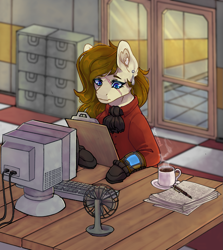 Size: 1315x1472 | Tagged: safe, artist:marzipannoli, oc, oc:dusty heartwood, earth pony, pony, ashes town, fallout equestria, ascot, blue eyes, brown fur, brown mane, clipboard, coffee, coffee mug, commission, computer, detailed background, doctor, electric fan, facial scar, fallout equestria oc, fan, hospital, mug, paper, paperwork, pen, pipbuck, scar, steam, table, terminal, tiled floor