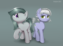 Size: 2844x2072 | Tagged: safe, artist:vinilyart, limestone pie, marble pie, earth pony, pony, g4, duo, duo female, female, hair over one eye, high res, mare, pie sisters, raised hoof, siblings, simple background, sisters, smiling