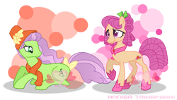 Size: 2421x1373 | Tagged: safe, artist:muhammad yunus, artist:s0ftserve, apple rose, auntie applesauce, earth pony, pony, g4, base used, bow, duo, duo female, female, hair bow, hat, mare, princess, simple background, smiling, tail, tail bow, transparent background, watermark, young apple rose, young auntie applesauce, younger