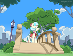 Size: 2973x2276 | Tagged: safe, artist:vinilyart, coco pommel, earth pony, pony, g4, cloud, female, grass, high res, lamppost, mare, outdoors, sky, solo, tree
