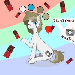 Size: 2000x2000 | Tagged: safe, artist:fimby_vevrol, oc, oc only, oc:fimby vevrol, earth pony, pony, blue eyes, camera, chest fluff, chocolate, cutie mark, digital art, ear fluff, female, food, heart, high res, one eye closed, open mouth, open smile, raised hoof, reference, reference sheet, simple background, sitting, smiling, solo, teeth