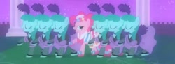 Size: 1565x574 | Tagged: safe, screencap, pinkie pie, spring melody, sprinkle medley, earth pony, pony, g4, season 1, the best night ever, beautiful, bedroom eyes, canterlot, clothes, cropped, cute, dress, fantasy, gala dress, gown, grand galloping gala, night, odd one out, pinkie pie's first gala dress, raised hoof