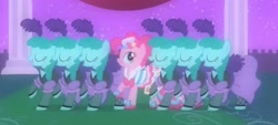 Size: 1454x656 | Tagged: safe, screencap, pinkie pie, spring melody, sprinkle medley, earth pony, pony, g4, the best night ever, beautiful, canterlot, clothes, cropped, cute, dancing, dress, fantasy, gala dress, gown, grand galloping gala, night, odd one out, pinkie pie's first gala dress, raised hoof, smiling