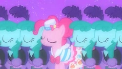 Size: 2019x1148 | Tagged: safe, screencap, pinkie pie, spring melody, sprinkle medley, earth pony, pony, g4, the best night ever, beautiful, canterlot, clothes, cute, dancing, dress, eyes closed, fantasy, female, gala dress, gown, grand galloping gala, mare, night, odd one out, pinkie pie's first gala dress, smiling, stars
