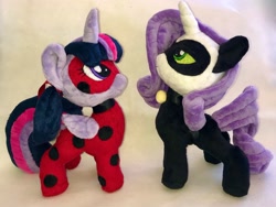 Size: 2200x1655 | Tagged: safe, artist:crazyditty, rarity, twilight sparkle, insect, ladybug, g4, chat noir, crossover, duo, implied lesbian, implied rarilight, implied shipping, irl, miraculous ladybug, photo, plushie